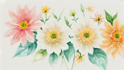 Fototapeta premium Watercolor Illustration of Flowers Petals and Leaves on White Canvas