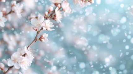 A delicate branch adorned with soft pink cherry blossoms stands out against a serene blue bokeh background, capturing the beauty and ephemeral nature of springtime.