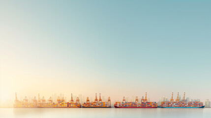 Obraz premium A long line of ships are in the water, with the sun shining on them