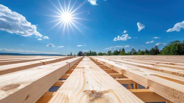 New wooden roof framework under a sunny sky, highlighting the beginning stages of building construction in a scenic outdoor setting.