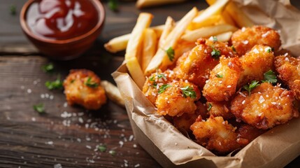 Crispy chicken nuggets and fries beautifully garnished with fresh herbs in a paper-lined bowl on a rustic table, capturing a delightful and flavorful fast-food presentation.