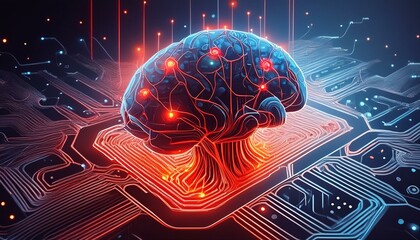 Artificial intelligence brain technology integration with electronic circuit board and glowing red lights 