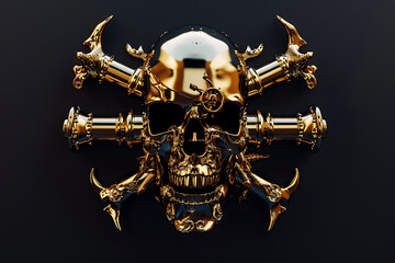 Golden skull with beard, 3d render ,Golden monster skull design on a black background for Halloween. 3D illustration