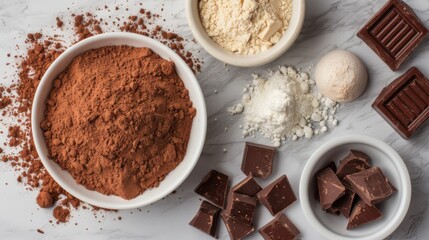 Various chocolate making ingredients, including chunks, powders, and flour, laid out on a marble countertop, signifying preparation for baking and dessert creation.