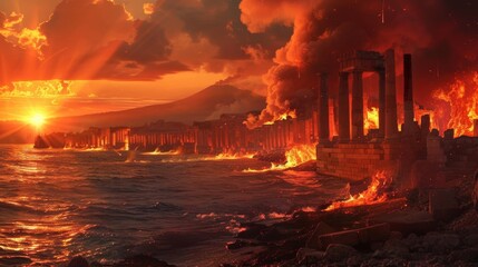 Pompeii s demise  ancient roman city engulfed by volcanic eruption at sunset in realistic ocean view