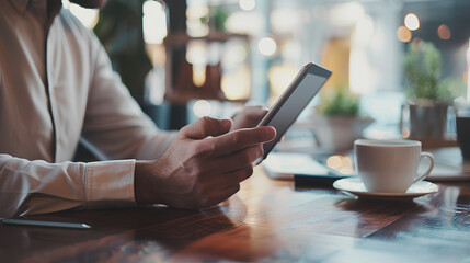 Entrepreneur working at a desk with a tablet and coffee cup