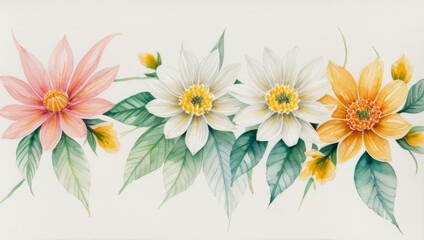 Fototapeta premium Watercolor Illustration of Flowers Petals and Leaves on White Canvas