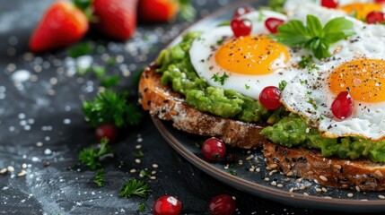 Plates of multigrain toast spread with mashed avocado and sunny-side-up eggs, garnished with vibrant red berries and fresh greenery, ideal for a healthy and colorful brunch.