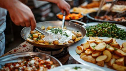 Obraz premium A hands-on preparation of a golden potato dish topped with sour cream and herbs, surrounded by a plentiful spread of various cooked dishes, giving a true feast vibe.