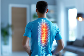 Scoliosis. A man in blue t-shirt holding his back with red pain, has spine highlighted to show the area ofintskafrican sprain.

