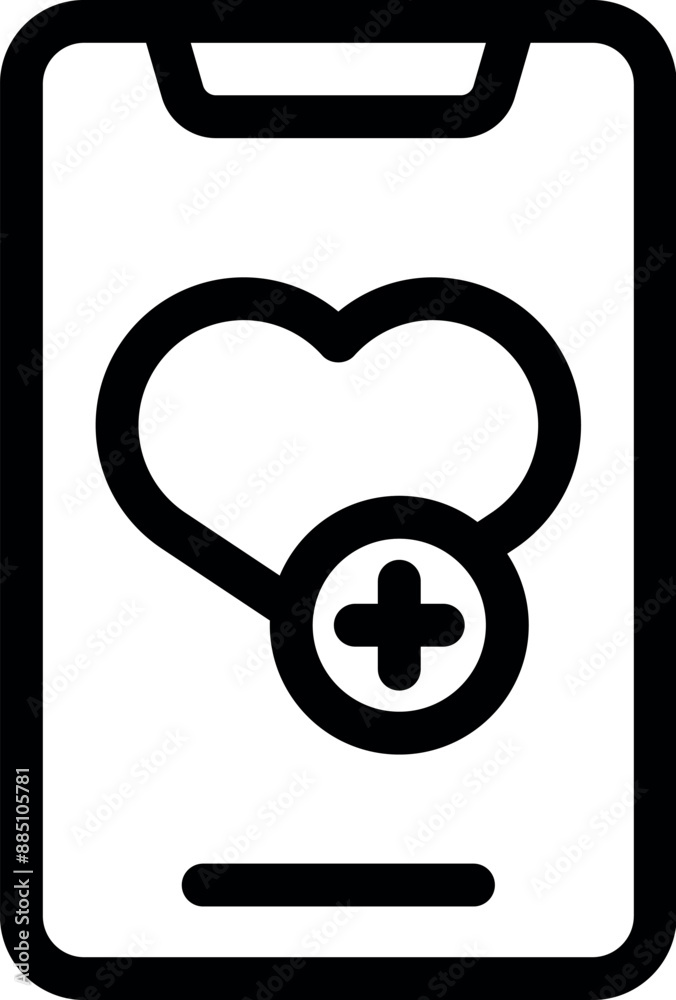 Poster line icon of a smartphone with a heart shape and a plus sign, representing the action of adding to f