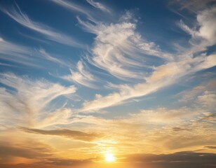 Obraz premium Scenic sky at sunset, adorned with wispy cirrus clouds and sunlight, perfect for replacing background with copy space image. 
