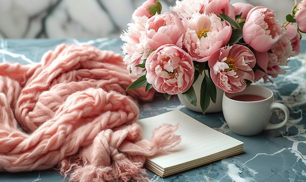 top view e book reader paper notepad white peony flowers pastel color scarf on marble background minimal flat lay style composition,feminine accessories fashion or beauty blog banner mockup