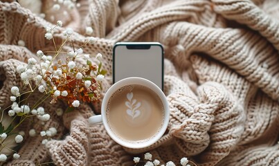 modern minimal home office desk,beige blanket cup of coffee dry flowers,smartphone,blank screen mockup hygge or boho style women s workspace top view flat lay