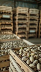 Hyperrealistic image of pistachio nuts in wooden box among endless rows in warehouse