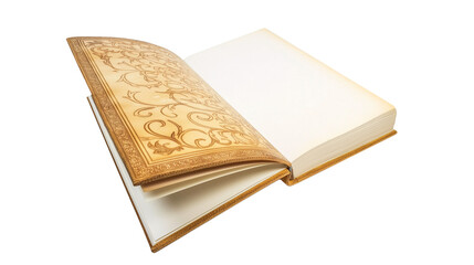 Fototapeta premium Open antique book with an ornate cover and blank pages, isolated on a transparent background. Perfect for vintage, literature, fantasy and historical themes