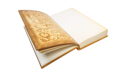 Open antique book with an ornate cover and blank pages, isolated on a transparent background. Perfect for vintage, literature, fantasy and historical themes