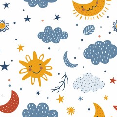 A cute sun, moons and clouds, seamless pattern. Cartoon tileble kids illustration