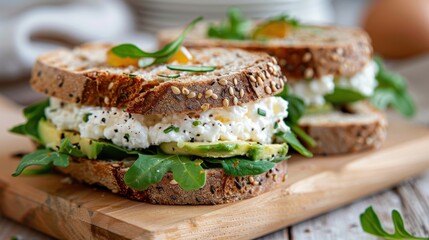Hearty sandwich with soft avocado, vibrant leafy greens, and creamy cheese on multigrain bread, illustrating a balance of nutrition and taste, ideal for a wholesome lunch.