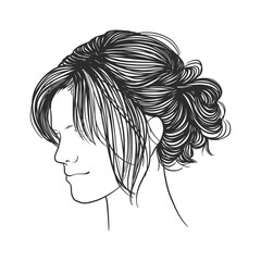 Vector hand drawn illustration of a woman's hairstyle. Isolated on white background. Black and white sketch of a female hairstyle. 
