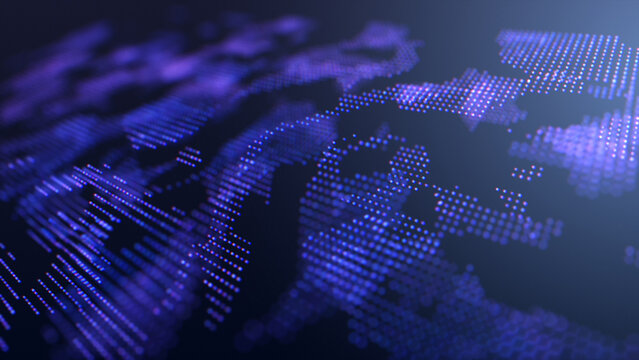 Abstract looped background. Neon violet cyber digital map of the world. Hacker glowing tech background. Blurred texture tech background. Scientific calculations of numbers. Intro background