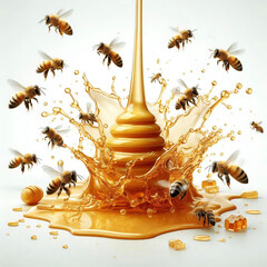 Honey dripping from a dipper in isolated background