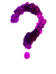 Question mark made of many growing crystals in red and blue light, 3d rendering