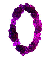 Number 0 made of many growing crystals in red and blue light, 3d rendering