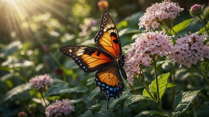 Obraz premium Vibrant butterfly with striking orange, black, blue wings perched delicately on cluster of light pink flowers, basking in warm sunlight filtering through lush green foliage.