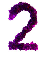 Number 2 made of many growing crystals in red and blue light, 3d rendering