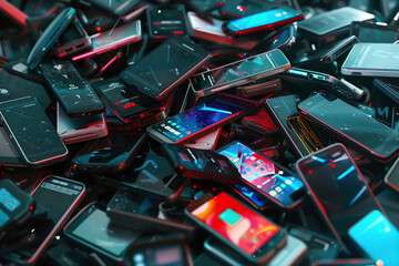 Various discarded smartphones and digital waste, Generative AI