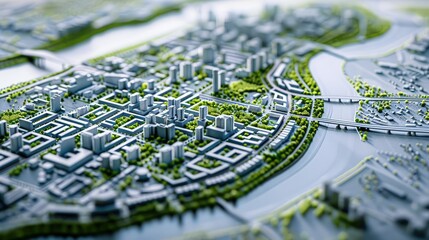Master plan of urban design showing city layout, zoning, green spaces, roads, and buildings, representing modern urban architecture, planning, and sustainable development. AI generated illustration.