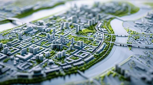 Master plan of urban design showing city layout, zoning, green spaces, roads, and buildings, representing modern urban architecture, planning, and sustainable development. AI generated illustration.
