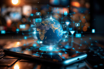 A digital image of the Earth connected as one through a smartphone, Generative AI
