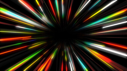 Abstract loop of a multicolored tunnel on a black background. Futuristic shiny neon rainbow tube. Shards of a broken mirror. Technological color background. High-speed movement into the future.	