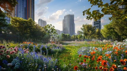 Green trees in the park in the city center. Sunny day and greenery in a big city.