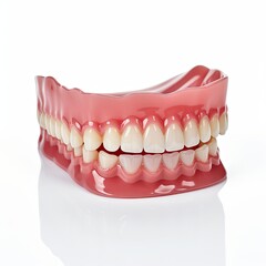 Obraz premium A full set of dentures on a white background. The dentures are made of acrylic and have a pink base with white teeth. The teeth are slightly stained and have some wear and tear.