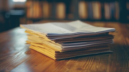 Pile of old paper, art on wooden table.