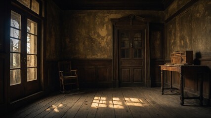 Sunlight filters through dusty window, casting warm glow, distinct shadows on wooden floor of old, abandoned room. Walls show signs of decay, peeling paint, suggesting long period of neglect.