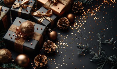Fototapeta premium elegant christmas vertical composition,luxury gift box bronze balls,confetti on black background create a festive atmosphere modern for holiday cards posters,invitations