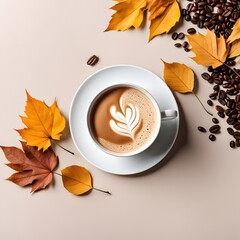 cup of coffee with autumn leaves and coffee beans