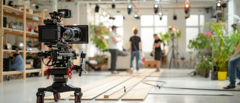 Cinematography crew setting up dolly tracks for smooth camera movement in film production