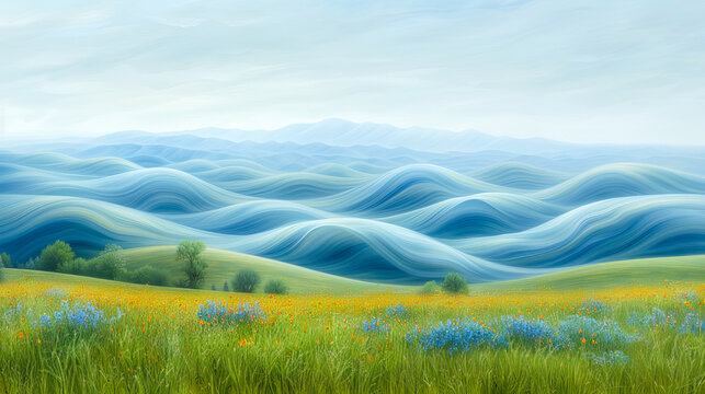Surreal landscape with rolling hills flowing like ocean waves