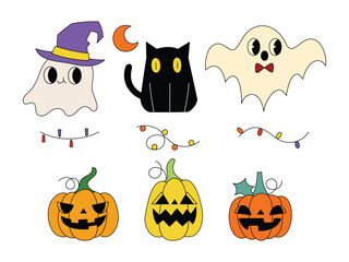 Retro Halloween Vector Illustration with Editable Stroke Groovy Ghost, Pumpkin and Decorative Lights Doodle