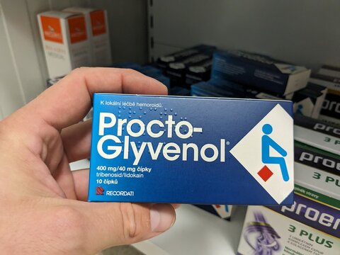 Prague, Czech Republic - July 10 2024: PROCTO GLYVENOL rectal cream with TRIBENOSIDE and LIDOCAINE active substances by RECORDATI, used for treatment of hemorrhoids.






