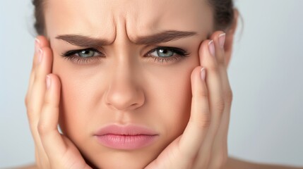 Fototapeta premium A woman with a frowning face and green eyes. She is holding her hands together and looking away. Face with inflammation of mucous membrane of paranasal sinuses