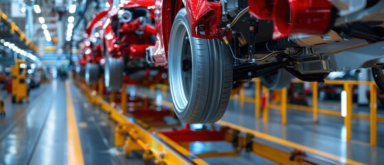 Fototapeta premium Precision Assembly of Car Wheels in Automotive Manufacturing Plant