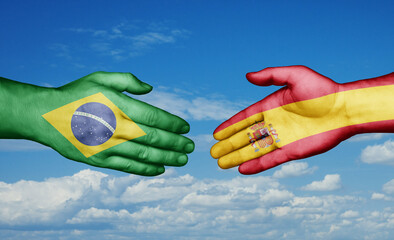 Spain and Brazil country handshaking with flags, consensus concept international co-operation illustration