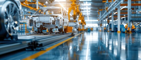 Precision in Progress: Workers diligently assembling and inspecting car wheels in a bustling factory setting
