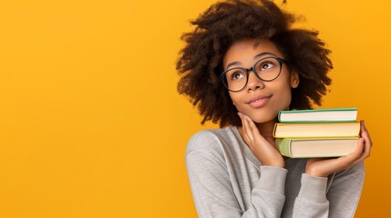 A young woman with glasses is holding a stack of books. She is looking up at the camera with a thoughtful expression on her face. Concept of curiosity pursuit. Funny african american student girl
